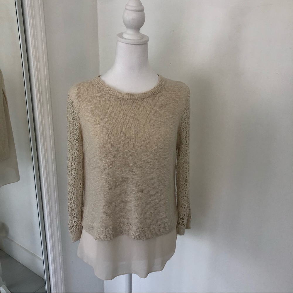 LUCKY BRAND Women’s Cream Crochet 3/4 Sleeve Layered Knit Blouse Sz M